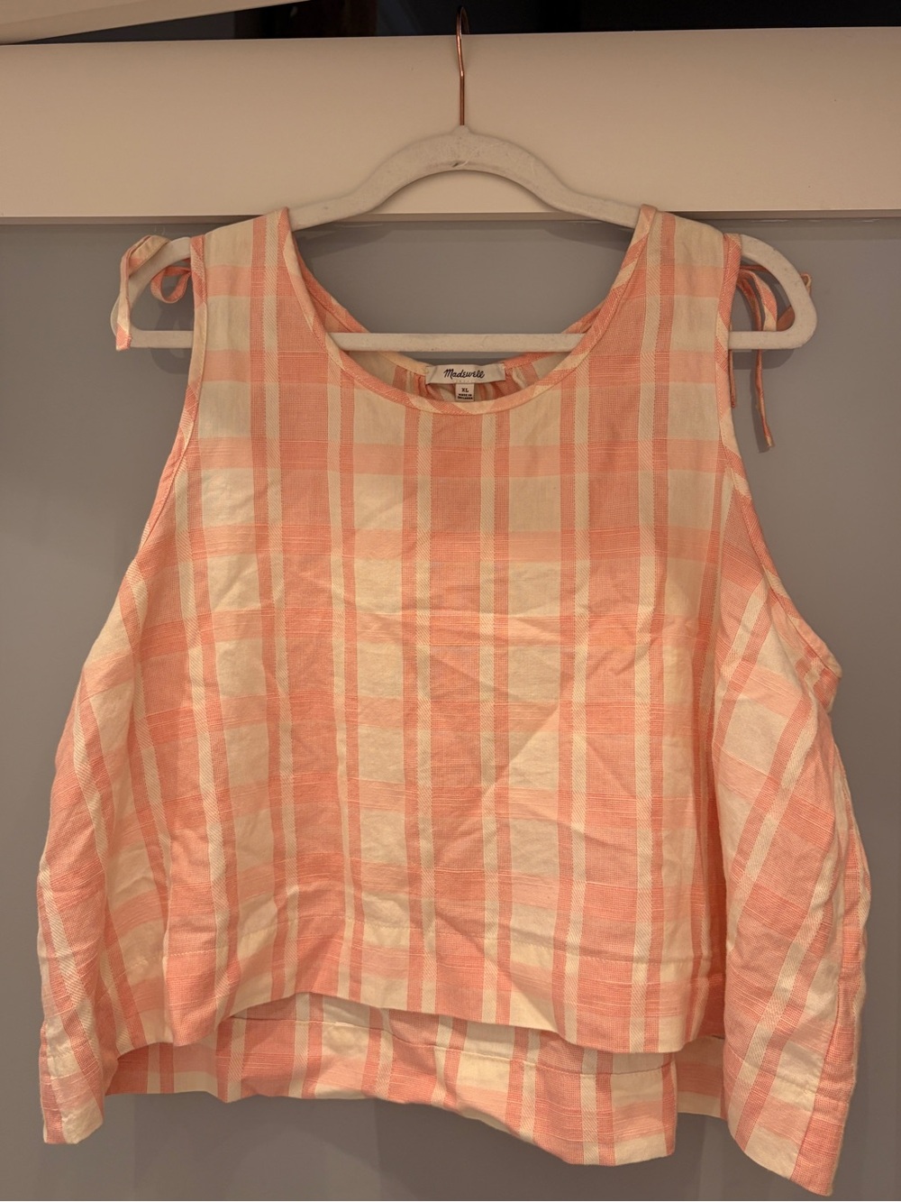 Madewell Pink Ivory Plaid Tie Shoulder Cotton Top XL - Picture 2 of 5